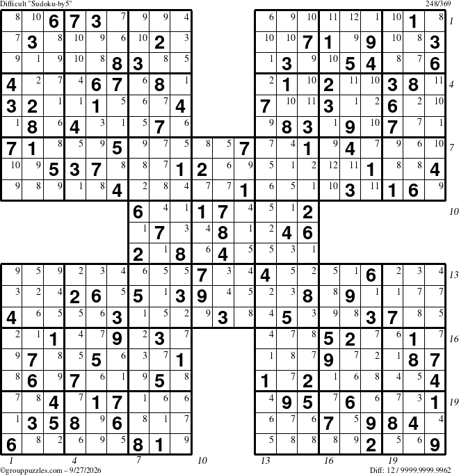The grouppuzzles.com Difficult Sudoku-by5 puzzle for Sunday September 27, 2026, suitable for printing, with all 12 steps marked