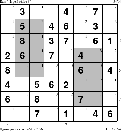 The grouppuzzles.com Easy HyperSudoku-8 puzzle for Sunday September 27, 2026, suitable for printing, with all 3 steps marked