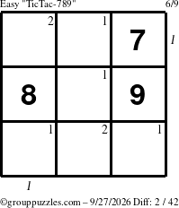 The grouppuzzles.com Easy TicTac-789 puzzle for Sunday September 27, 2026, suitable for printing, with all 2 steps marked