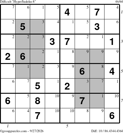 The grouppuzzles.com Difficult HyperSudoku-8 puzzle for Sunday September 27, 2026, suitable for printing, with all 10 steps marked