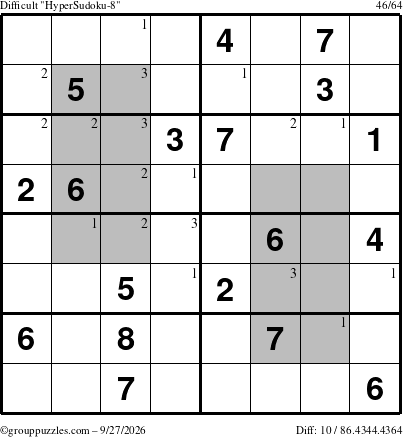 The grouppuzzles.com Difficult HyperSudoku-8 puzzle for Sunday September 27, 2026 with the first 3 steps marked