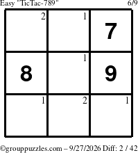 The grouppuzzles.com Easy TicTac-789 puzzle for Sunday September 27, 2026 with the first 2 steps marked