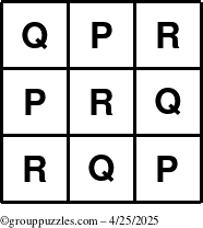 The grouppuzzles.com Answer grid for the TicTac-PQR puzzle for Friday April 25, 2025