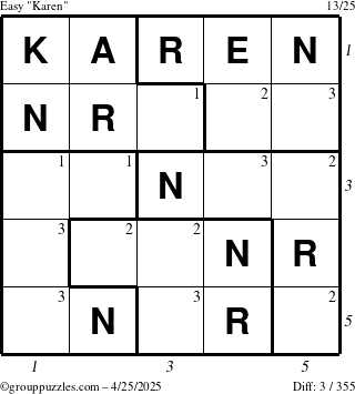 The grouppuzzles.com Easy Karen puzzle for Friday April 25, 2025, suitable for printing, with all 3 steps marked