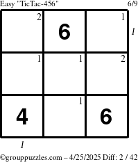 The grouppuzzles.com Easy TicTac-456 puzzle for Friday April 25, 2025, suitable for printing, with all 2 steps marked
