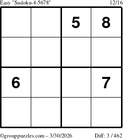 The grouppuzzles.com Easy Sudoku-4-5678 puzzle for Monday March 30, 2026
