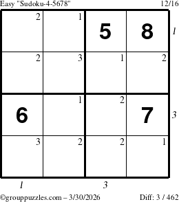 The grouppuzzles.com Easy Sudoku-4-5678 puzzle for Monday March 30, 2026 with all 3 steps marked