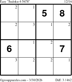 The grouppuzzles.com Easy Sudoku-4-5678 puzzle for Monday March 30, 2026 with the first 3 steps marked