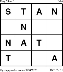 The grouppuzzles.com Easy Stan puzzle for Monday March 30, 2026