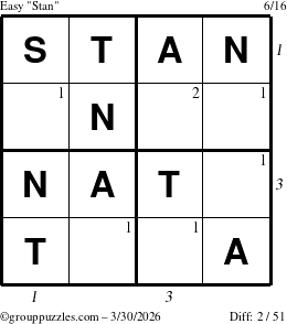 The grouppuzzles.com Easy Stan puzzle for Monday March 30, 2026 with all 2 steps marked