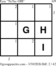 The grouppuzzles.com Easy TicTac-GHI puzzle for Monday March 30, 2026 with all 2 steps marked