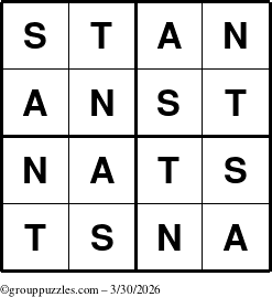 The grouppuzzles.com Answer grid for the Stan puzzle for Monday March 30, 2026