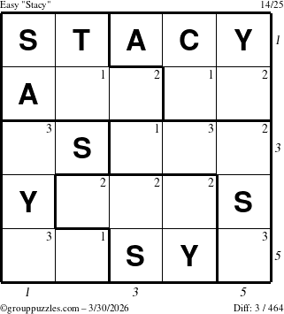 The grouppuzzles.com Easy Stacy puzzle for Monday March 30, 2026 with all 3 steps marked