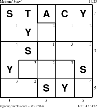 The grouppuzzles.com Medium Stacy puzzle for Monday March 30, 2026 with all 4 steps marked