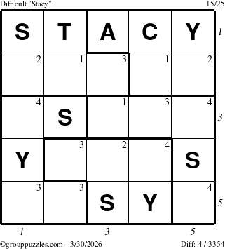 The grouppuzzles.com Difficult Stacy puzzle for Monday March 30, 2026 with all 4 steps marked