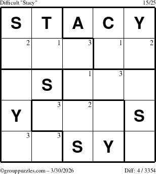 The grouppuzzles.com Difficult Stacy puzzle for Monday March 30, 2026 with the first 3 steps marked