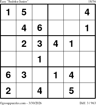 The grouppuzzles.com Easy Sudoku-Junior puzzle for Monday March 30, 2026