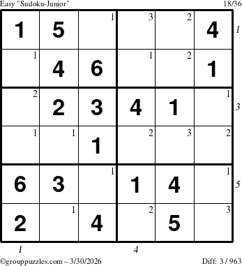 The grouppuzzles.com Easy Sudoku-Junior puzzle for Monday March 30, 2026, suitable for printing, with all 3 steps marked