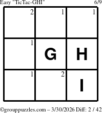 The grouppuzzles.com Easy TicTac-GHI puzzle for Monday March 30, 2026 with the first 2 steps marked