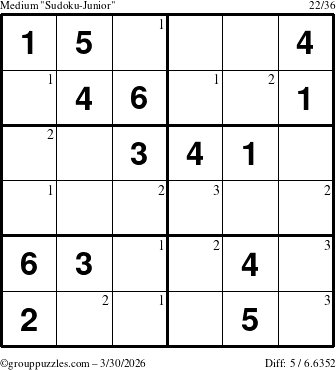 The grouppuzzles.com Medium Sudoku-Junior puzzle for Monday March 30, 2026 with the first 3 steps marked