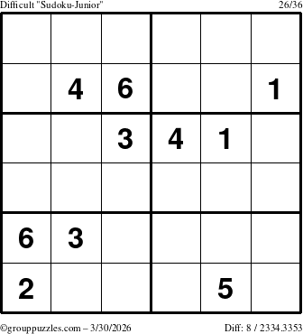 The grouppuzzles.com Difficult Sudoku-Junior puzzle for Monday March 30, 2026