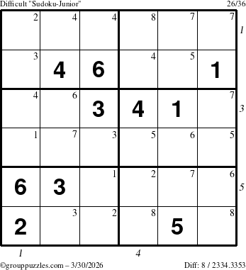 The grouppuzzles.com Difficult Sudoku-Junior puzzle for Monday March 30, 2026, suitable for printing, with all 8 steps marked