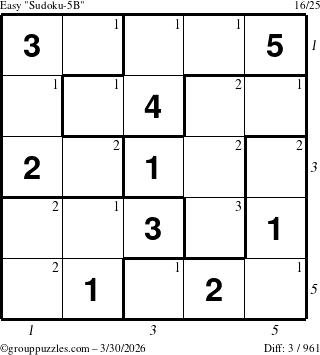 The grouppuzzles.com Easy Sudoku-5B puzzle for Monday March 30, 2026 with all 3 steps marked