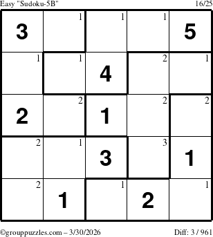 The grouppuzzles.com Easy Sudoku-5B puzzle for Monday March 30, 2026 with the first 3 steps marked