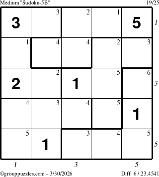 The grouppuzzles.com Medium Sudoku-5B puzzle for Monday March 30, 2026 with all 6 steps marked