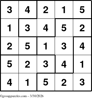 The grouppuzzles.com Answer grid for the Sudoku-5B puzzle for Monday March 30, 2026
