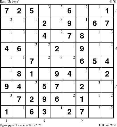 The grouppuzzles.com Easy Sudoku puzzle for Monday March 30, 2026, suitable for printing, with all 4 steps marked