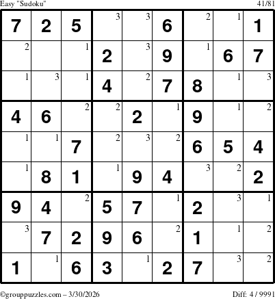 The grouppuzzles.com Easy Sudoku puzzle for Monday March 30, 2026 with the first 3 steps marked