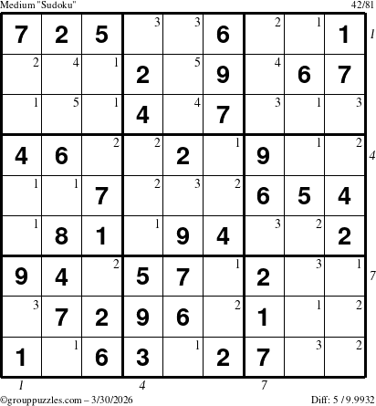The grouppuzzles.com Medium Sudoku puzzle for Monday March 30, 2026 with all 5 steps marked