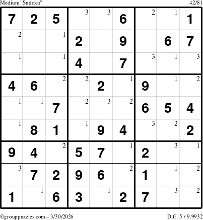 The grouppuzzles.com Medium Sudoku puzzle for Monday March 30, 2026 with the first 3 steps marked