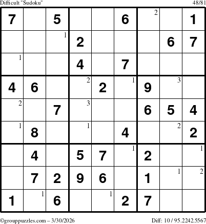 The grouppuzzles.com Difficult Sudoku puzzle for Monday March 30, 2026 with the first 3 steps marked