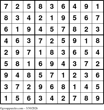 The grouppuzzles.com Answer grid for the Sudoku puzzle for Monday March 30, 2026