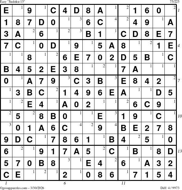 The grouppuzzles.com Easy Sudoku-15 puzzle for Monday March 30, 2026, suitable for printing, with all 4 steps marked