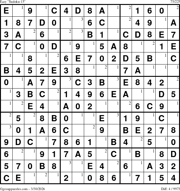 The grouppuzzles.com Easy Sudoku-15 puzzle for Monday March 30, 2026 with the first 3 steps marked