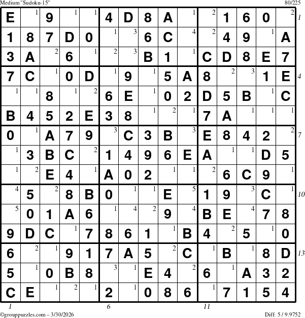 The grouppuzzles.com Medium Sudoku-15 puzzle for Monday March 30, 2026, suitable for printing, with all 5 steps marked