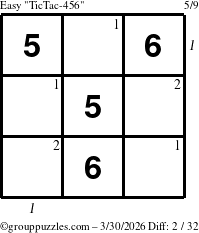 The grouppuzzles.com Easy TicTac-456 puzzle for Monday March 30, 2026, suitable for printing, with all 2 steps marked