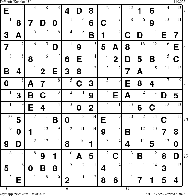 The grouppuzzles.com Difficult Sudoku-15 puzzle for Monday March 30, 2026 with all 14 steps marked