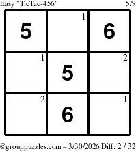 The grouppuzzles.com Easy TicTac-456 puzzle for Monday March 30, 2026 with the first 2 steps marked