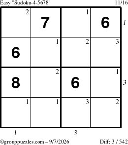 The grouppuzzles.com Easy Sudoku-4-5678 puzzle for Monday September 7, 2026 with all 3 steps marked