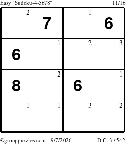 The grouppuzzles.com Easy Sudoku-4-5678 puzzle for Monday September 7, 2026 with the first 3 steps marked