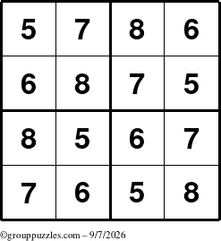 The grouppuzzles.com Answer grid for the Sudoku-4-5678 puzzle for Monday September 7, 2026