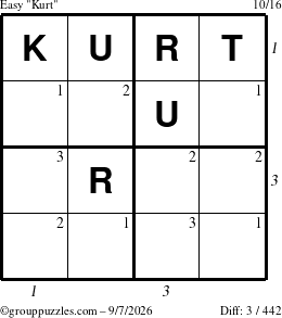The grouppuzzles.com Easy Kurt puzzle for Monday September 7, 2026, suitable for printing, with all 3 steps marked