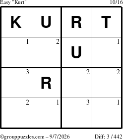 The grouppuzzles.com Easy Kurt puzzle for Monday September 7, 2026 with the first 3 steps marked