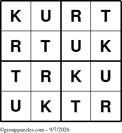 The grouppuzzles.com Answer grid for the Kurt puzzle for Monday September 7, 2026