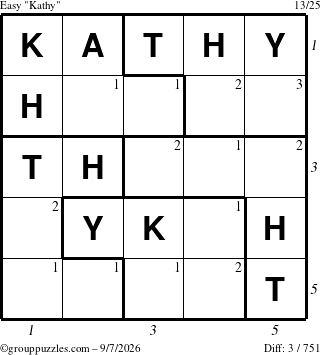 The grouppuzzles.com Easy Kathy puzzle for Monday September 7, 2026, suitable for printing, with all 3 steps marked