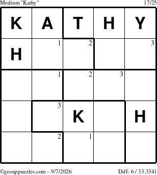 The grouppuzzles.com Medium Kathy puzzle for Monday September 7, 2026 with the first 3 steps marked